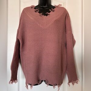 Zenana Frayed Hem Double V-neck Pink Sweater